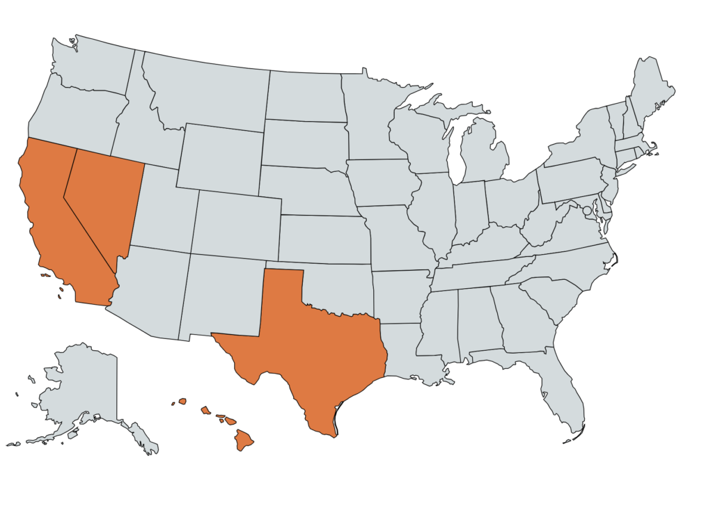 Map showing DesignMySolar.com's active installation territories: California, Nevada, Texas, and Hawaii